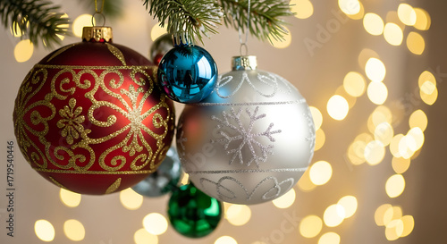 Sparkling festive ornaments adorn a Christmas tree, creating a magical holiday atmosphere.