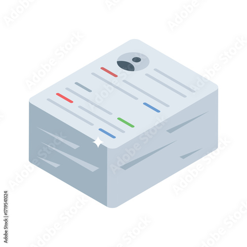 Trendy isometric icon of stacked paper resumes
