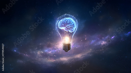 Brain and light bulb fusion floating in space. Concept image symbolizing knowledge, creativity, and future technology