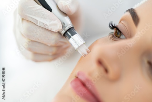Extreme close-up of a cosmetologist's hand in a white glove performing a microneedling facial treatment on a woman's cheek with a derma pen.

