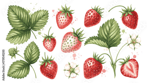 A vibrant watercolor illustration showcasing ripe red strawberries, lush green leaves, delicate white blossoms, and a single sliced strawberry, all set again...