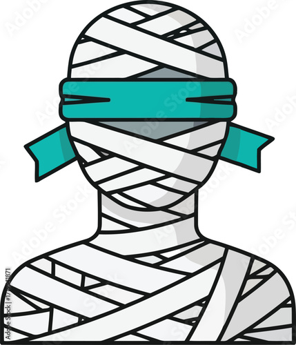 Mysterious mummy figure wrapped in bandages with teal blindfold and flowing ribbons on white vector