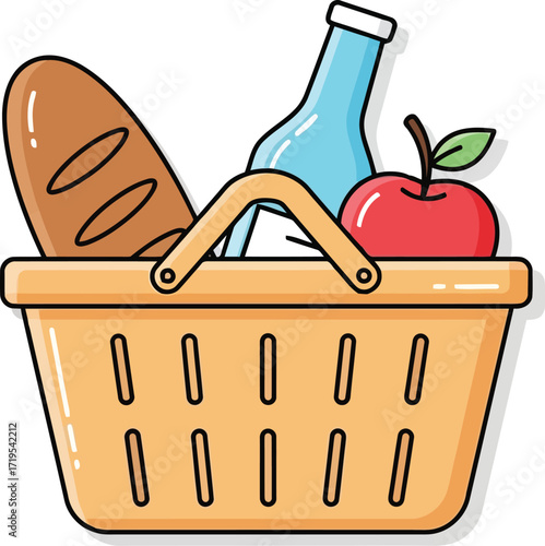 Fresh groceries and food items in a simple shopping basket for commerce and healthy eating concepts vector