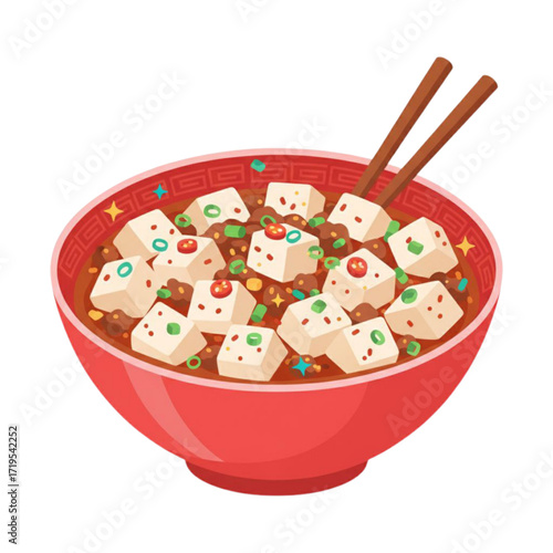 Mapo tofu in a red bowl with wooden chopsticks  