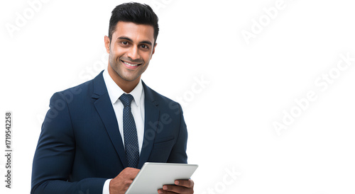 an attractive indian businessman in his late thirties, wearing a navy blue suit and holding an ipad, smiling at the camera. transparent background. 
