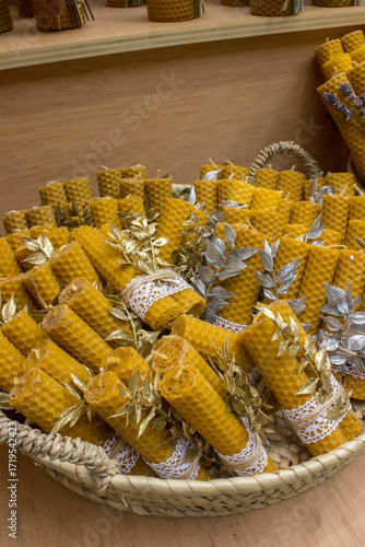 Christmas wax candles with lavender in a basket