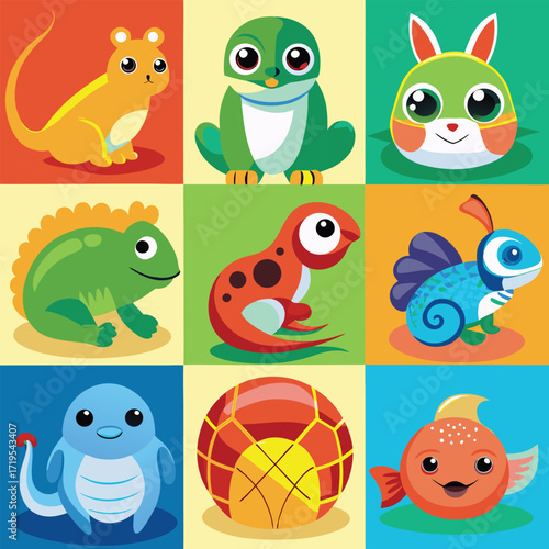 Collection of nine cute cartoon fantasy creatures isolated on white background