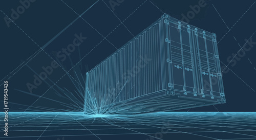 A blueprint style illustration of a shipping container hovering over a grid surface