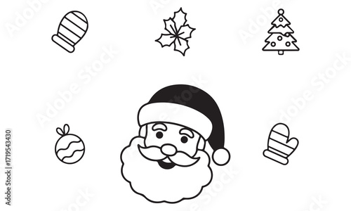 Festive Black and White Christmas Icons Santa Claus, Ornament, Tree, Mistletoe, and Mittens for Holiday Cheer