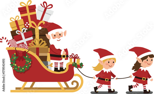 Cute elves pulling Santa's sleigh full of gifts.