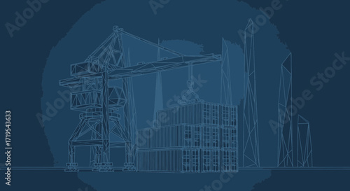 Blueprint illustration of a port with containers, cranes, and city buildings for global trade