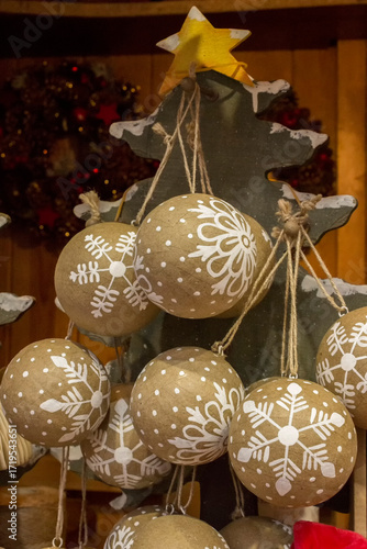 Christmas balls on a wooden tree