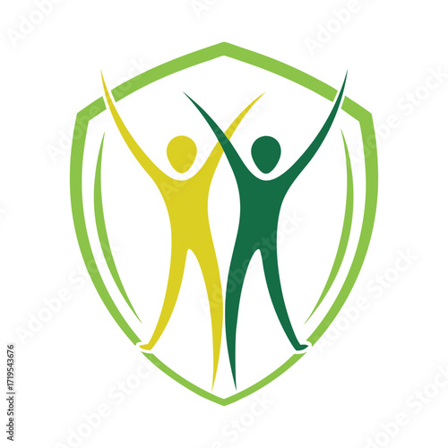 Two abstract figures celebrating inside a shield emblem isolated on white background