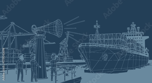 Blueprint of a Cargo Ship in a Port with Workers Communicating Via Megaphone and Cranes