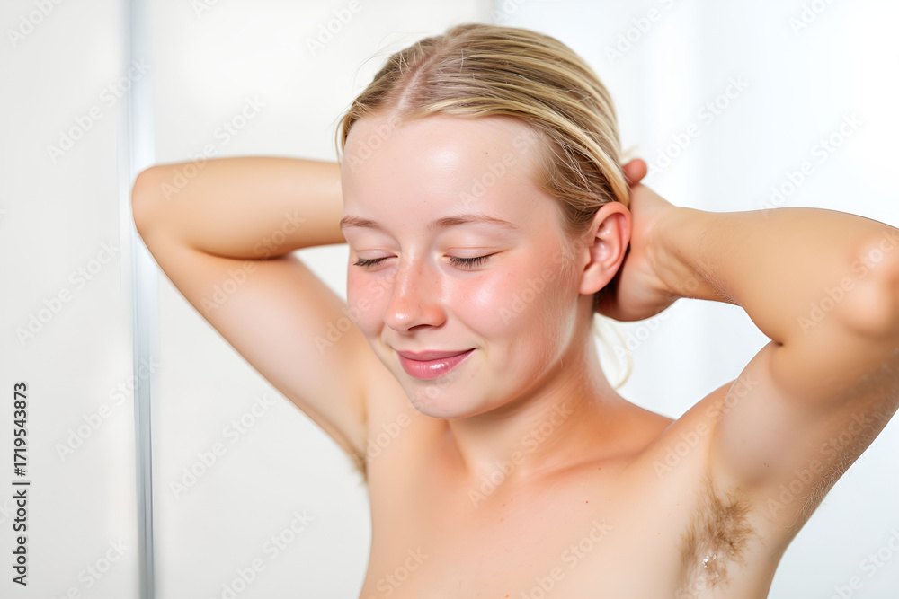 Naklejka premium Young woman, teenage girl with naturally hairy armpits, the new trend back to nature, not shaving armpit hair.