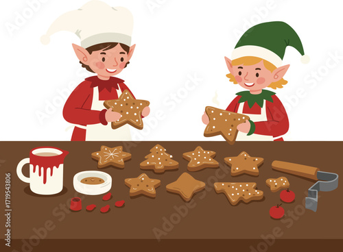 Cute elves baking Christmas gingerbread cookies in the kitchen