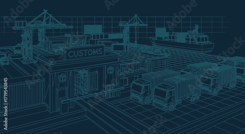 Blueprint of global trade customs, featuring trucks, ships and cargo containers illustration