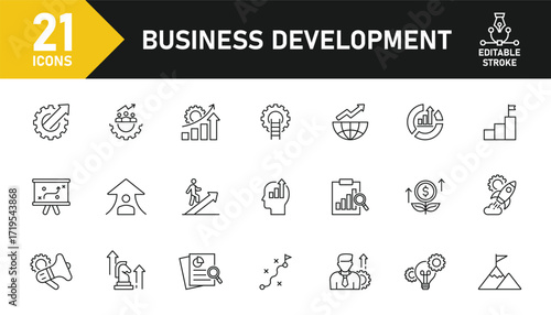 Business Development line icon set. Set of 21 outline icons related to development, business, startup, growth, strategy, improvement and others. Editable stroke. Vector illustration.