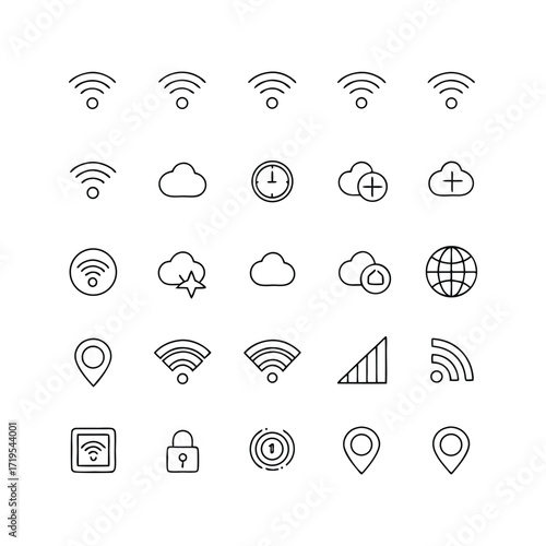 Collection of hand drawn network and technology icons isolated on white background