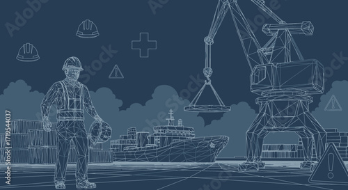 Blueprint Style Illustration of Shipping Port with Worker Crane and Cargo Ship