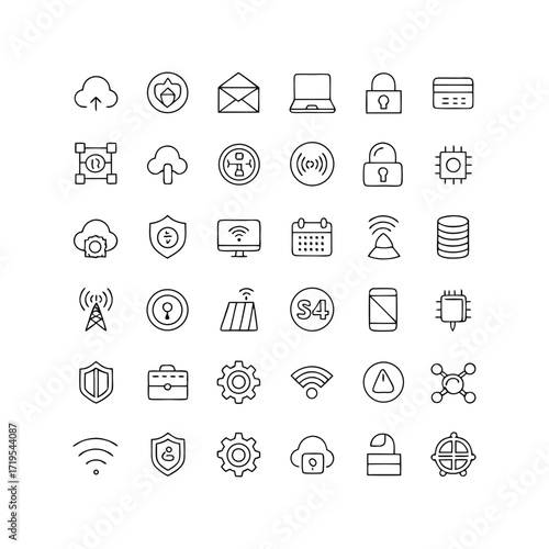 Collection of hand drawn technology and business icons isolated on white background