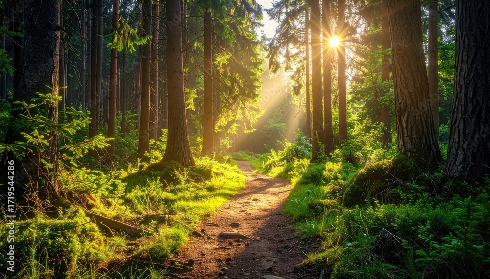 Fototapeta premium Sunlit Forest Path with Morning Rays and Lush Greenery in a Wooded Landscape
