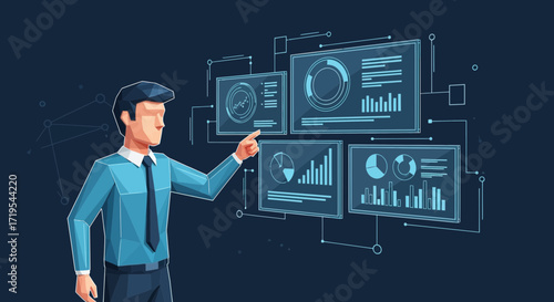 Cartoon businessman interacting with data dashboards analytics interface panels