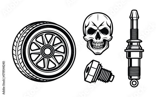 Motorcycle wheel skull spark plug and bolt isolated on white background