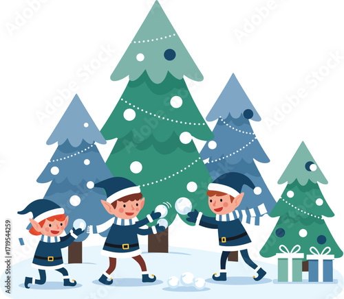 Cute elves playing with snowballs in a snowy forest.