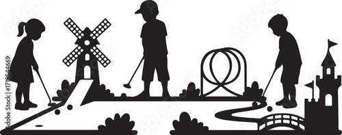 Children Playing Mini Golf Silhouette Vector