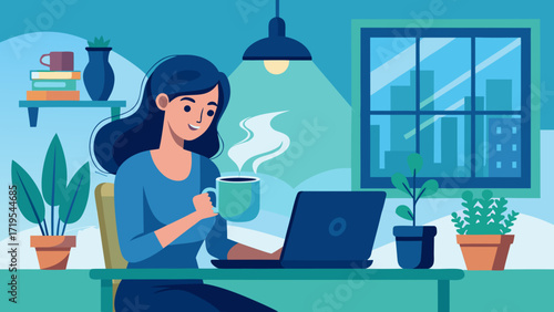Vector art of young woman working on laptop at home with coffee cup, plants, and window view, creating a cozy and productive workspace for remote work