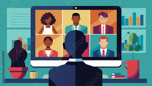 Vector art of business people on video conference call, working remotely from home, concept of online meeting, communication, and collaboration in the digital age