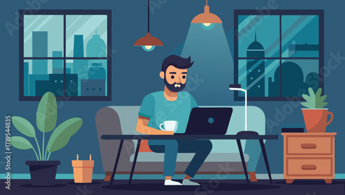 Vector art of bearded man working on laptop at night with city view, illuminated by a desk lamp, creating a focused and comfortable work environment