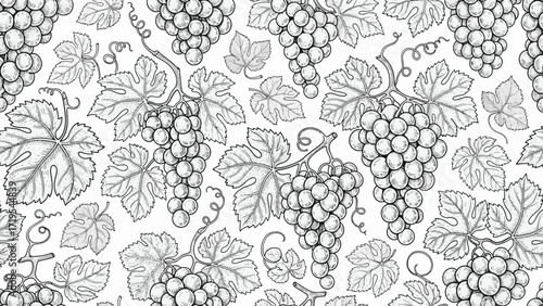A detailed, hand-drawn, black and white illustration of a repeating pattern featuring clusters of ripe grapes and their accompanying vine leaves.
