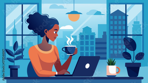 Vector art of woman working on laptop with city view, enjoying coffee, illuminated by natural light, creating a relaxed and productive work environment