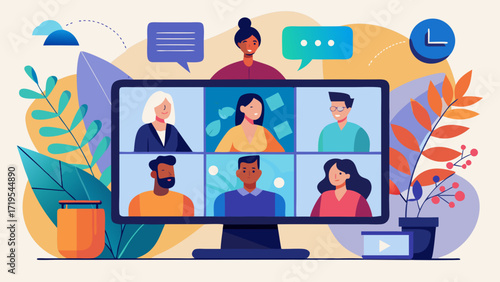 Vector art of a group of people are having a video conference call on a computer screen with colorful leaves and speech bubbles in the background