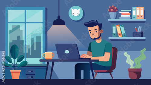 Illustration of a man working on a laptop at night in his apartment, showcasing remote work and the digital nomad lifestyle