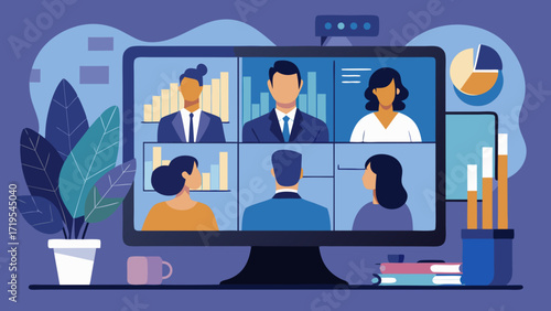 Illustration of a video conference call on a computer screen, representing remote communication and virtual meetings