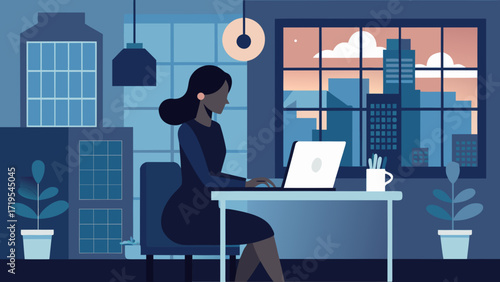 Vector art of woman working on laptop at night with city view, vector illustration in flat style remote work and communication concept, freelancer lifestyle