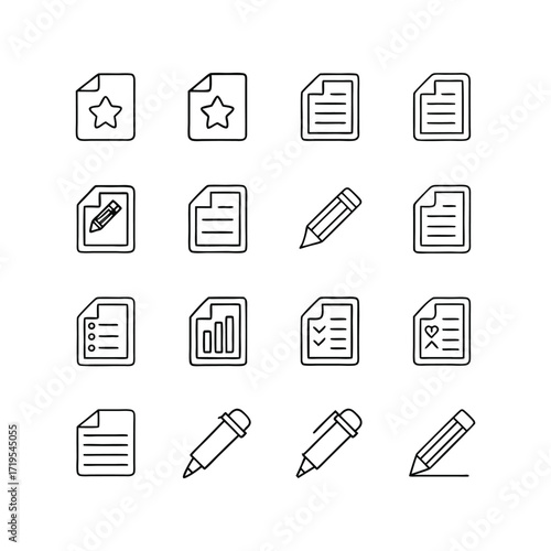Hand drawn icons of documents and writing tools isolated on white background