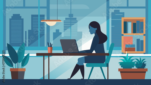 Vector art of woman working on laptop at home in the evening, vector illustration of remote work, freelance, home office, or online education concept