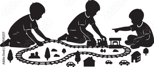 Kids Arranging Toy Train Set Silhouette