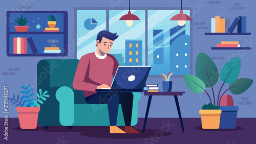 Vector art of a man is working on his laptop at home in the evening, with a window and bookshelf in the background, creating a cozy and productive atmosphere