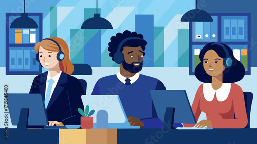Vector art of customer service team working on computers with headsets, providing support and assistance to customers call center agents concept