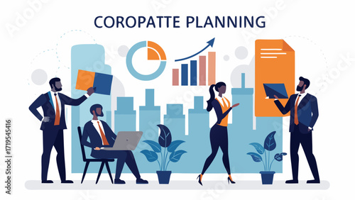 Vector art of business team planning strategy and working together to achieve goals, with charts and graphs in the background coropatte planning concept