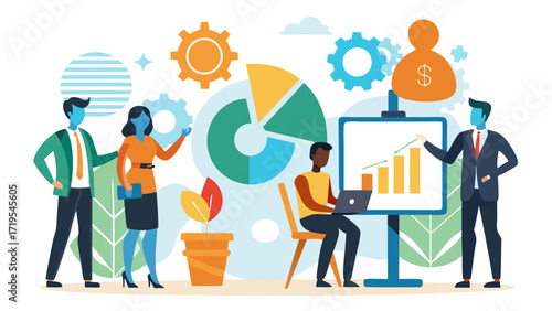 Vector art of creative business team brainstorming ideas, analyzing data, and developing strategies for growth, innovation, and financial success