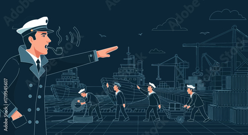 Illustration of a harbor master directing sailors at a bustling port with ships and cranes