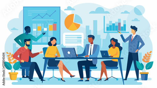 Vector art of diverse business team collaborating on project, analyzing data, creating charts, and discussing strategies for growth and success