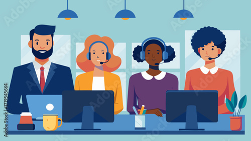 Vector art of diverse customer support team providing assistance and solutions in a modern office setting, ensuring efficient communication and client satisfaction