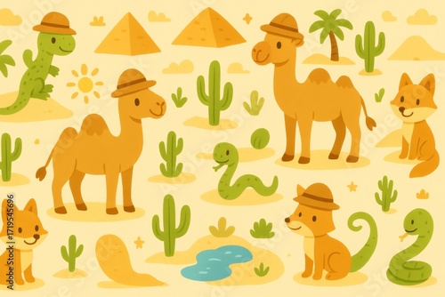 Seamless desert adventure cartoon pattern for kids with camels, cacti, and pyramids in warm sandy colors for decor and design. Generative AI